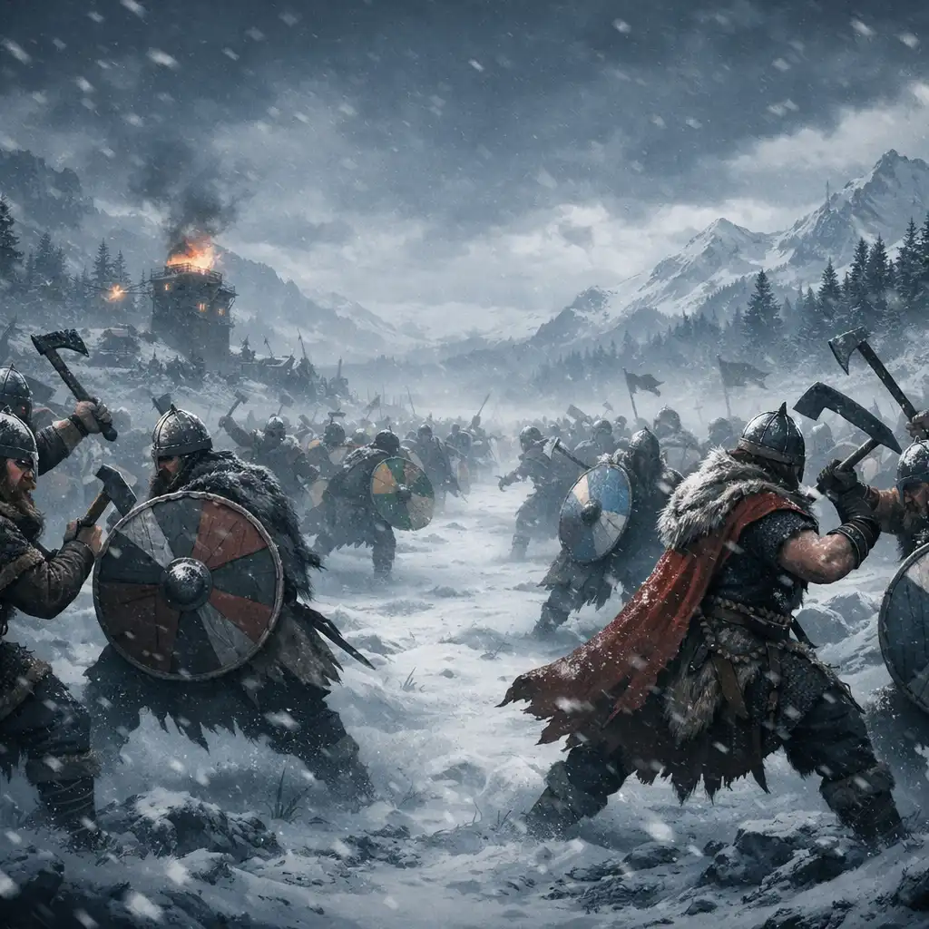 Bitwa multiplayer w Northgard w śnieżnym krajobrazie