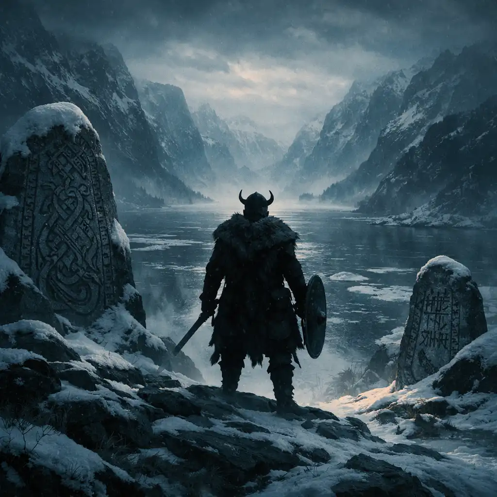 Wiking patrzący na fiord