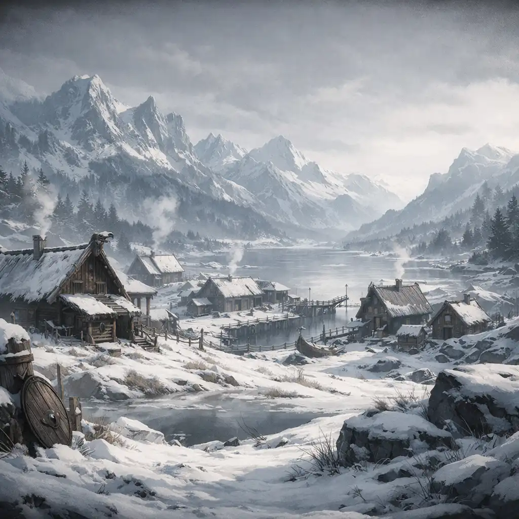 Zimowy krajobraz Northgard z osadą